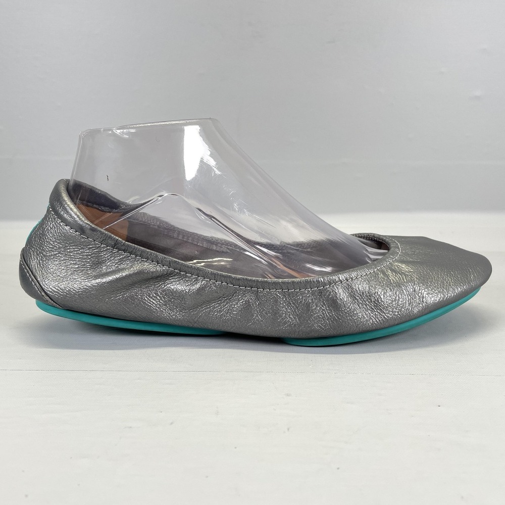 Tieks Shoes Womens Size 9 Metallic Silver Leather Ballet Flats Turquoise Sole